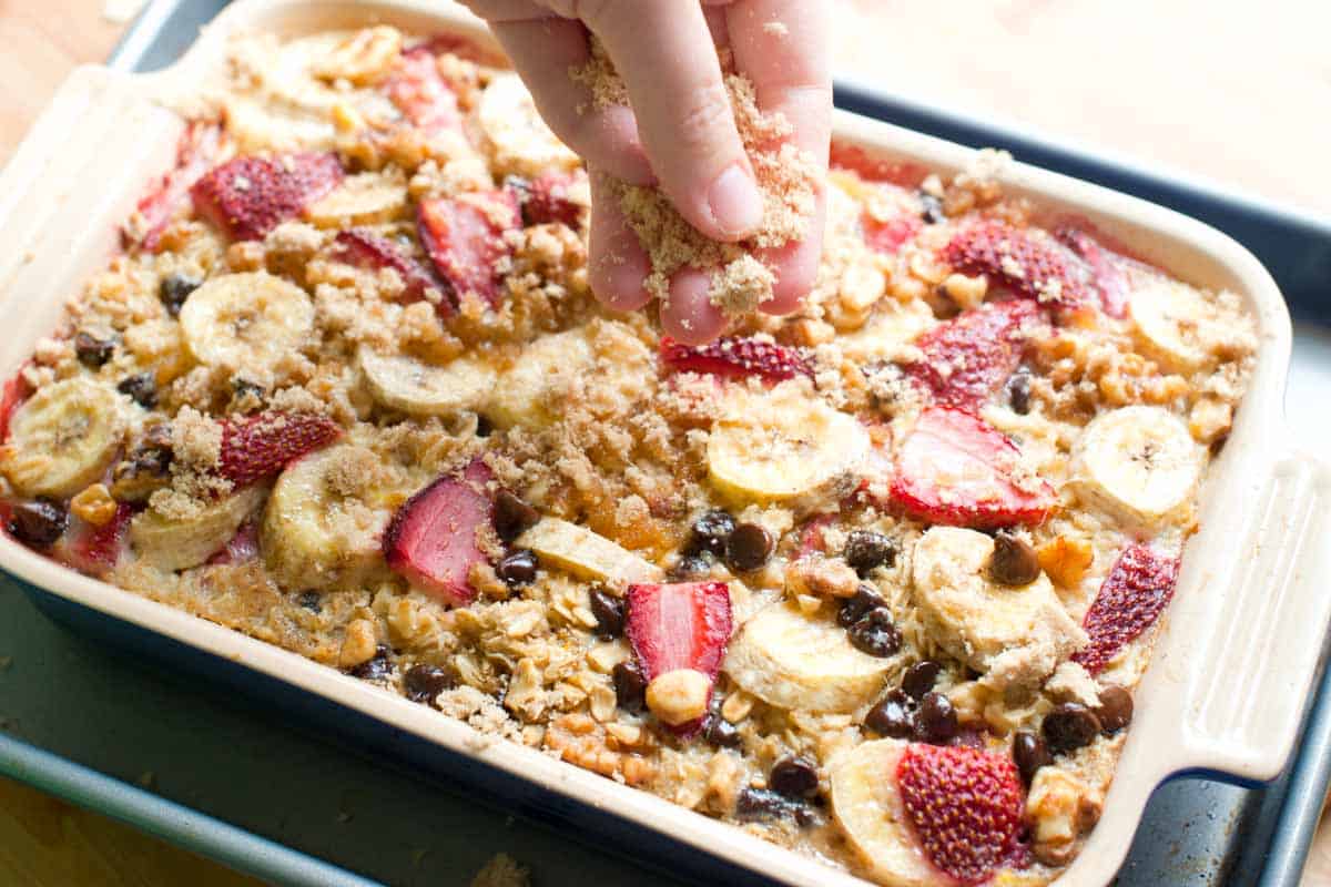 Sprinkling a little brown sugar on top of the baked oatmeal for a caramelized top.