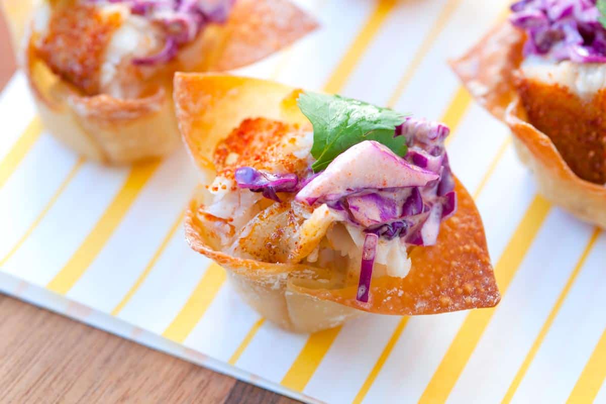Mini Fish Tacos in Wonton Cups Mini Fish Tacos with Chipotle Slaw