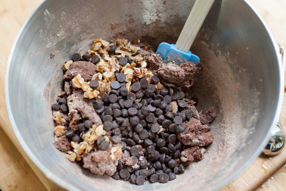 Easy Chocolate Walnut Cookies Recipe Chocolate walnut cookie batter with chocolate chips and walnuts