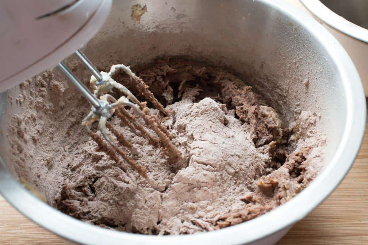 Mixing the cookie dough for chocolate cookies