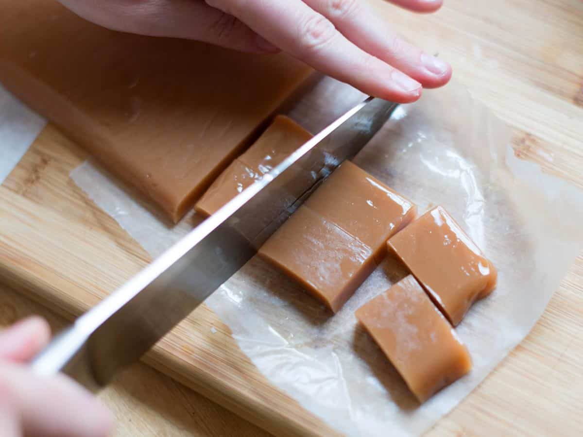 How to Make Chocolate Covered Caramels: Cutting the homemade caramel