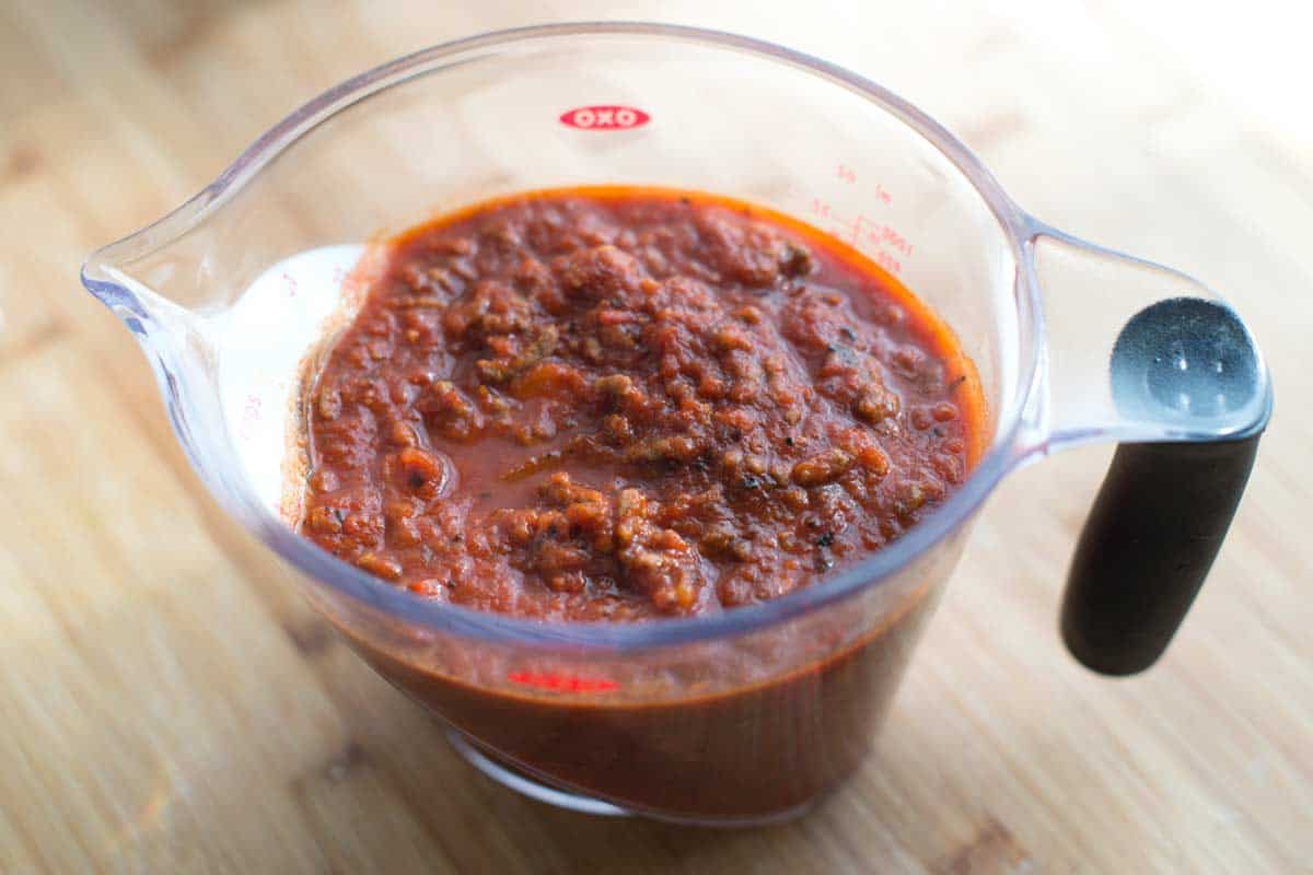 Lasagna meat sauce ready for assembling