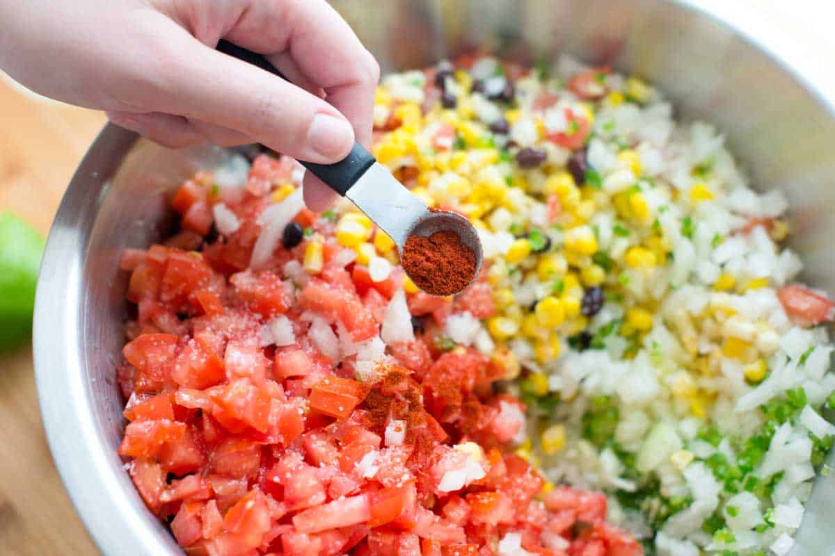 The black bean and corn salad Ingredients in a big bowl
