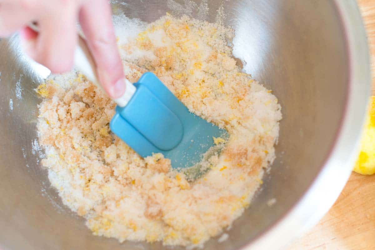 Making lemon sugar (our secret for the best lemon bars crust)