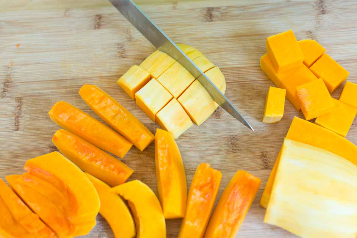 Cutting butternut squash into cubes