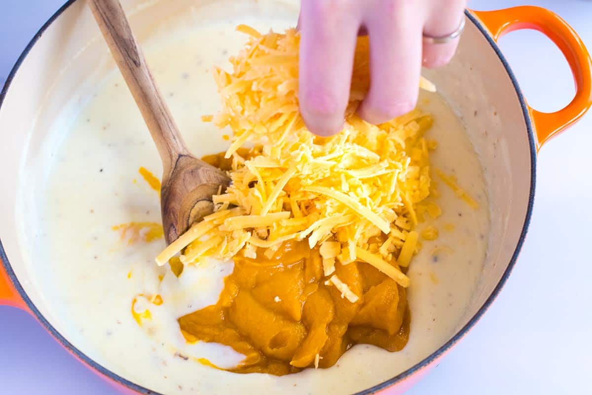 Making the cheese sauce for pumpkin mac and cheese
