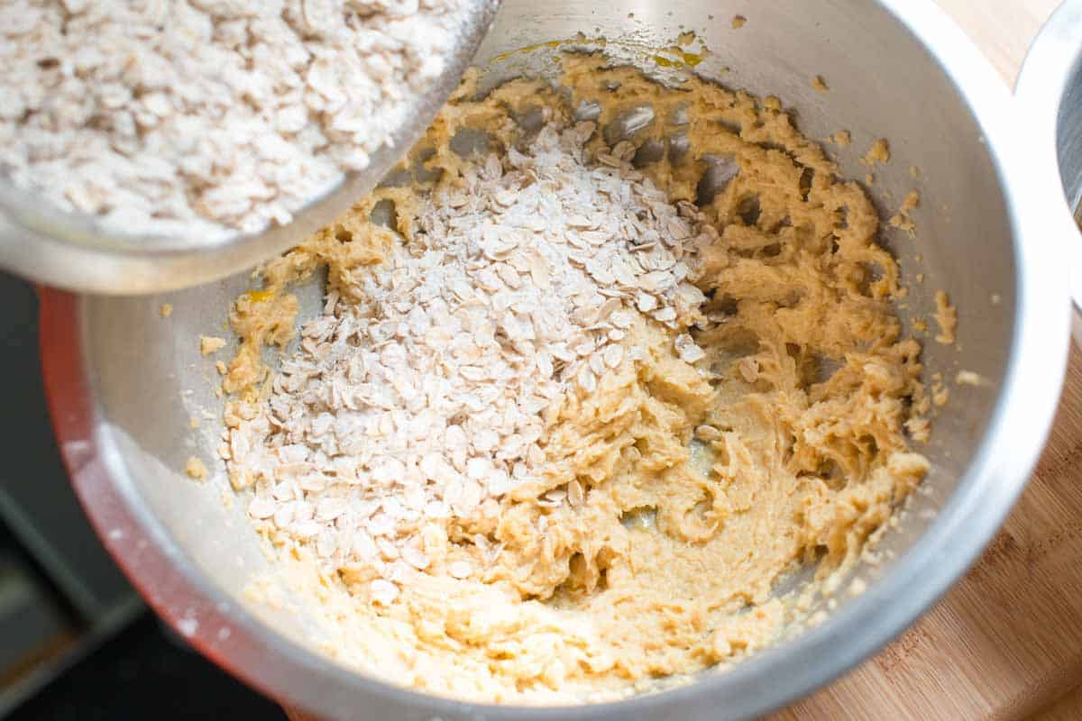 Adding the dry ingredients to the butter and sugar