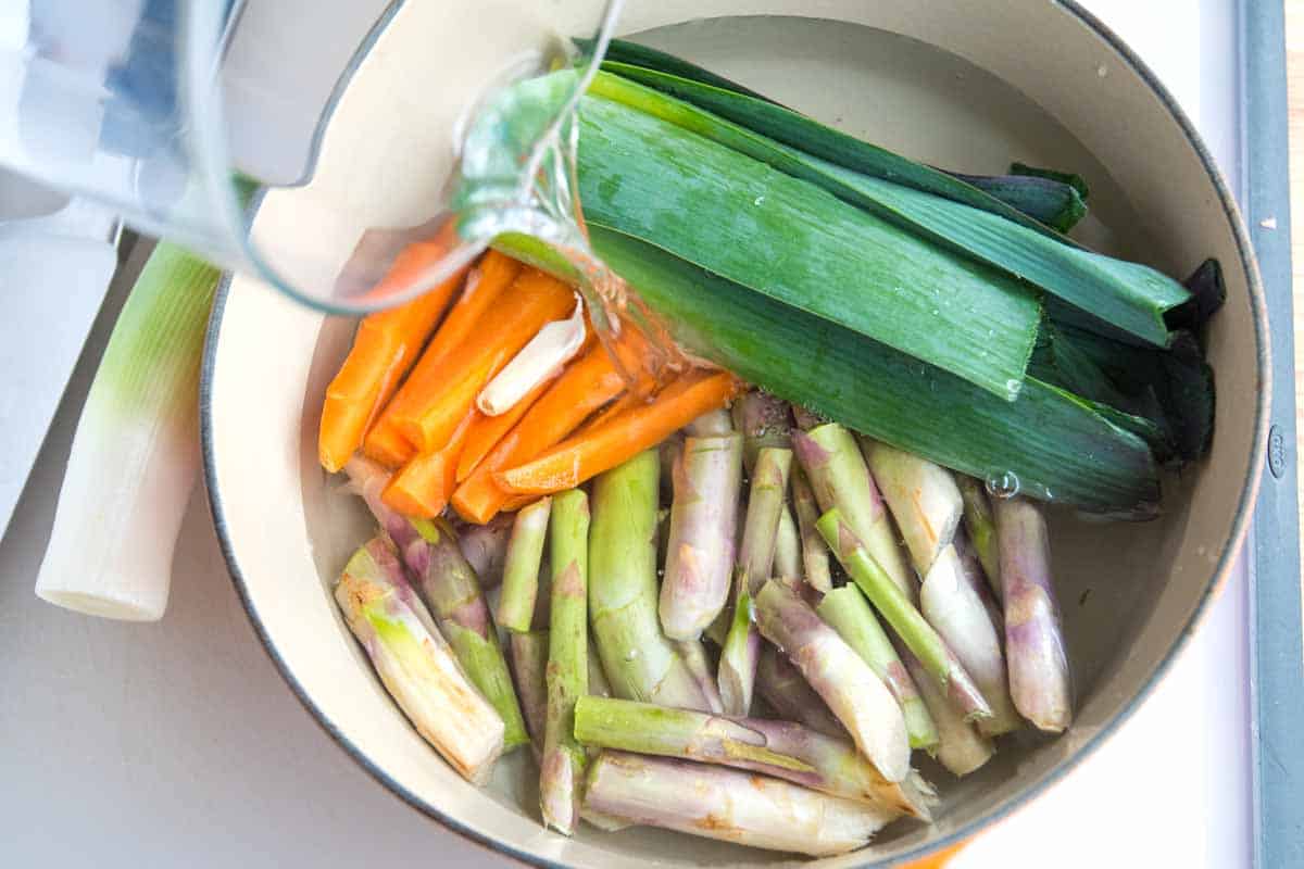 Making a veggie broth for Asparagus Soup