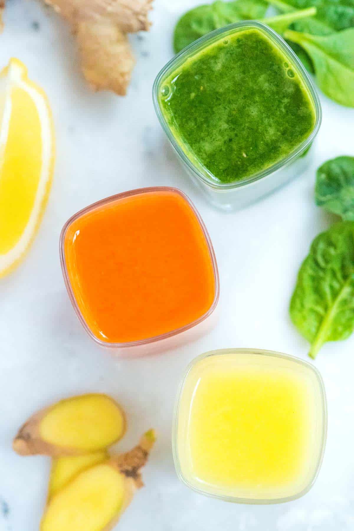 Three Ginger Power Shot Recipes including Lemon Ginger, Carrot Ginger and a Green Apple Ginger Shot Homemade ginger shots