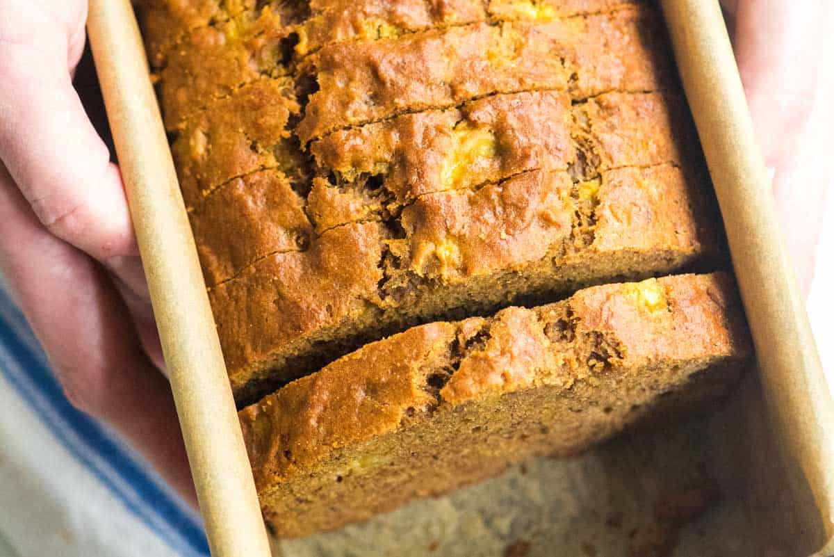 Slices of banana bread in loaf pan