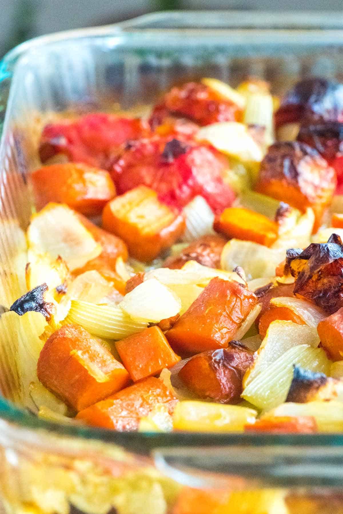 Roasting vegetables for vegetable broth.