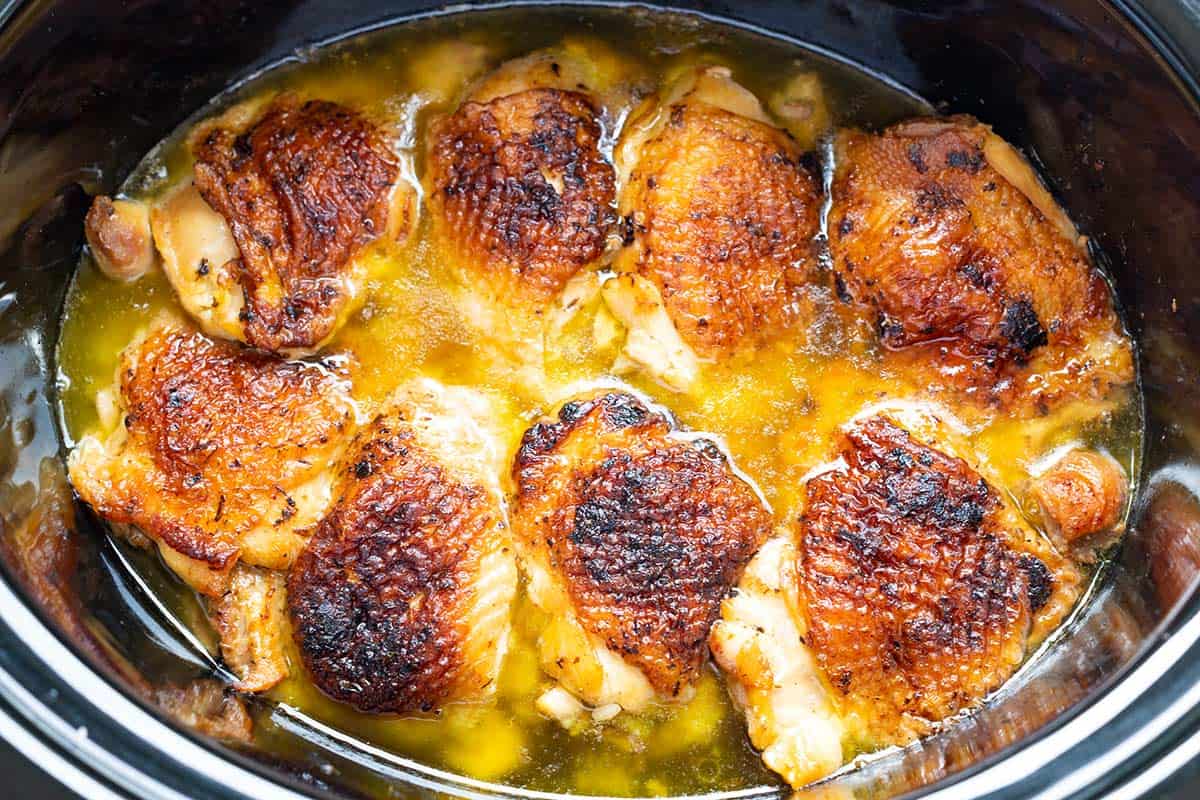 Chicken thighs after 5 hours of cooking in the slow cooker.