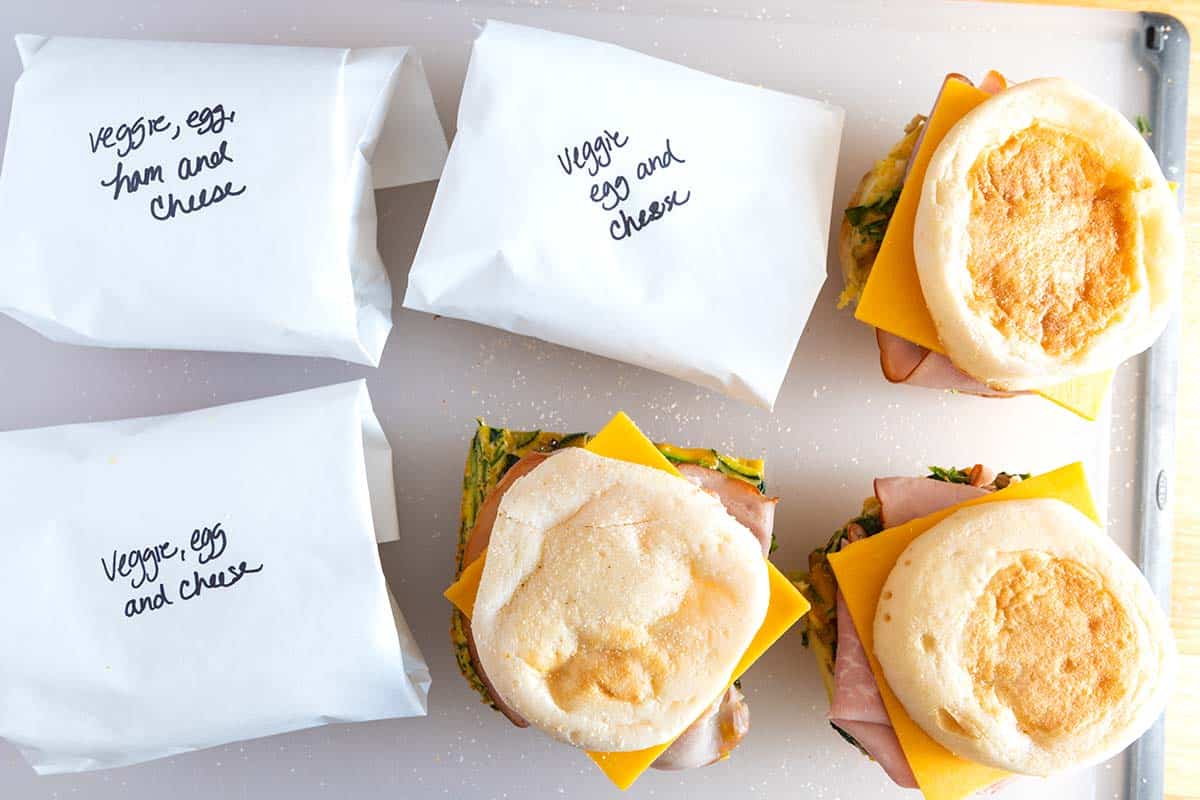 Wrapping and labeling for make ahead breakfast sandwiches.