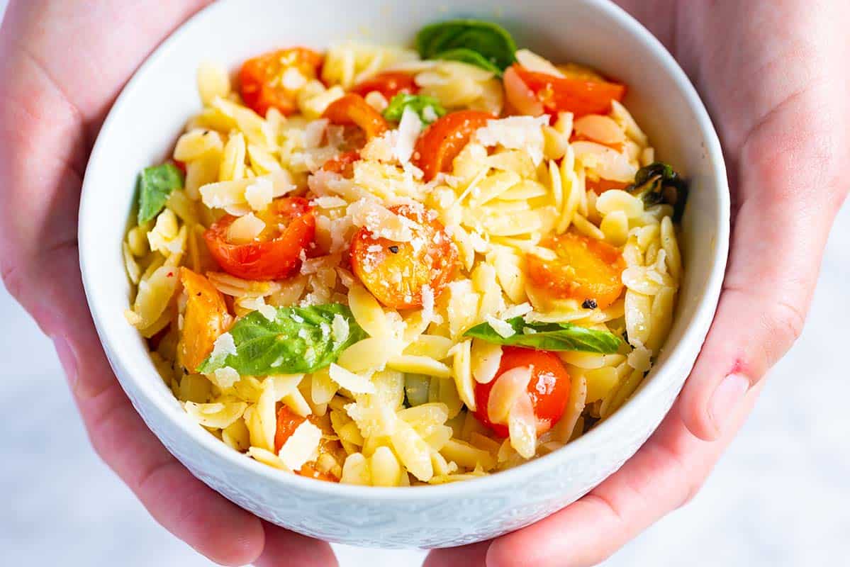 Easy Orzo Pasta with Tomatoes, Basil and Parmesan