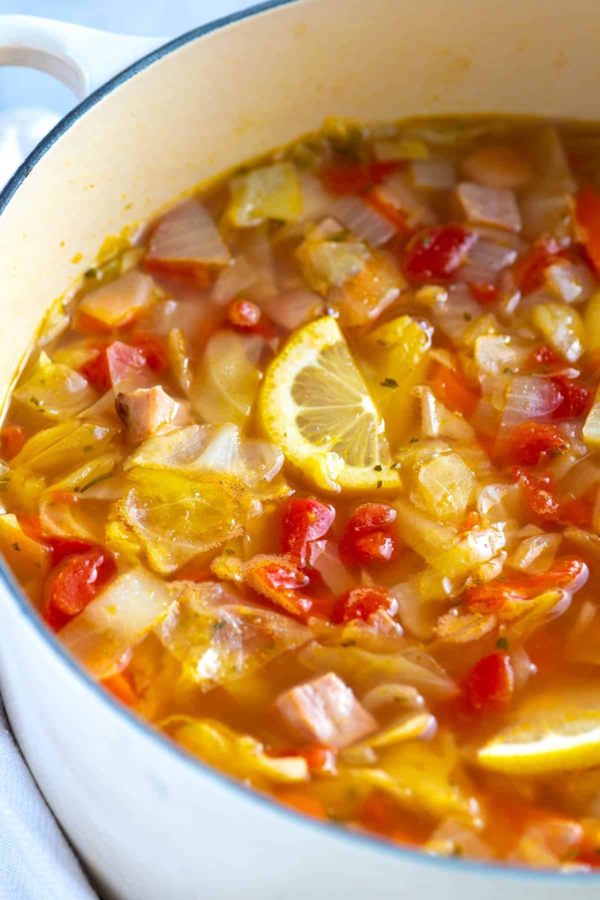 Ham and Cabbage Soup with tomatoes and lemon