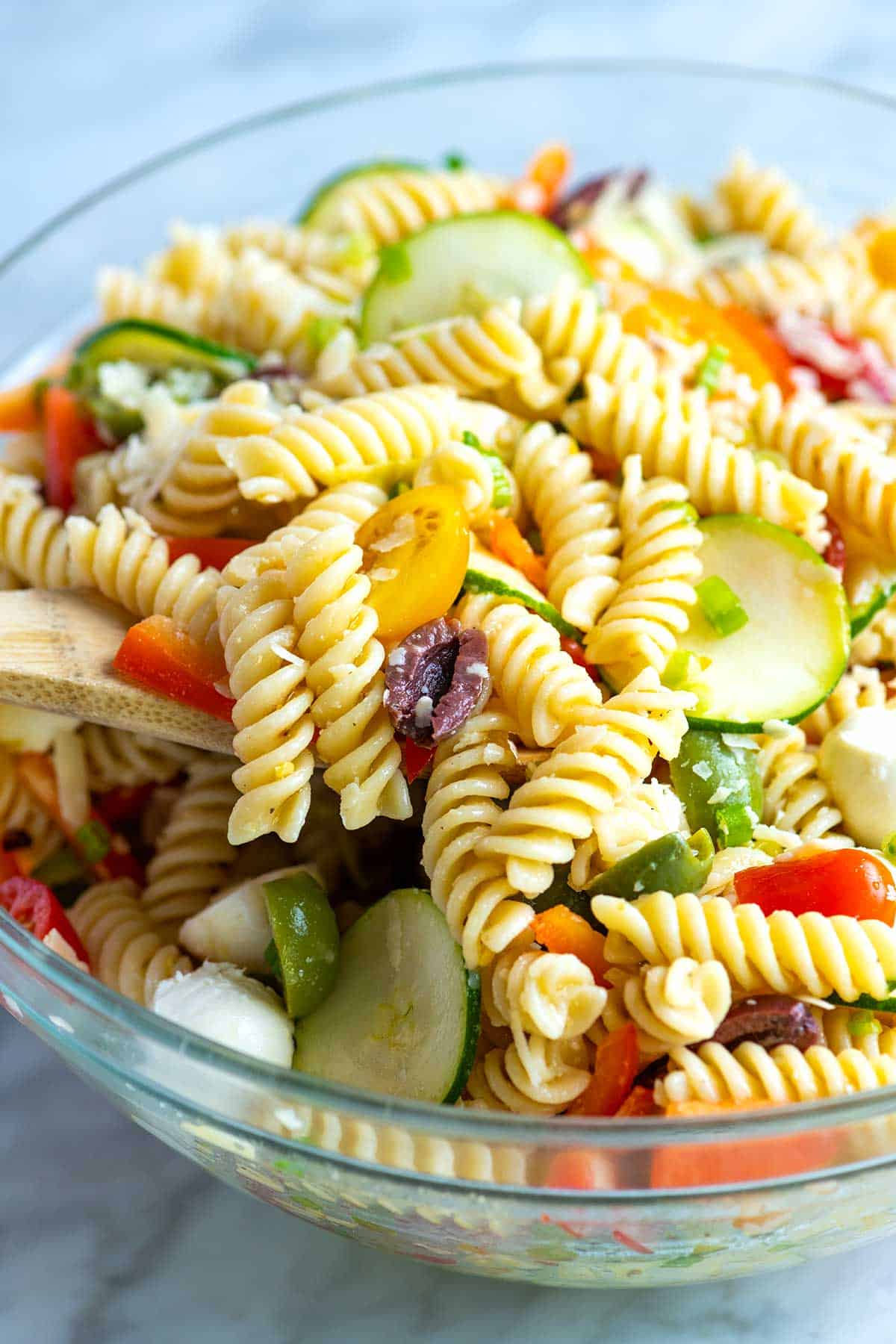 Pasta Salad with fresh veggies, olives, and a homemade dressing.