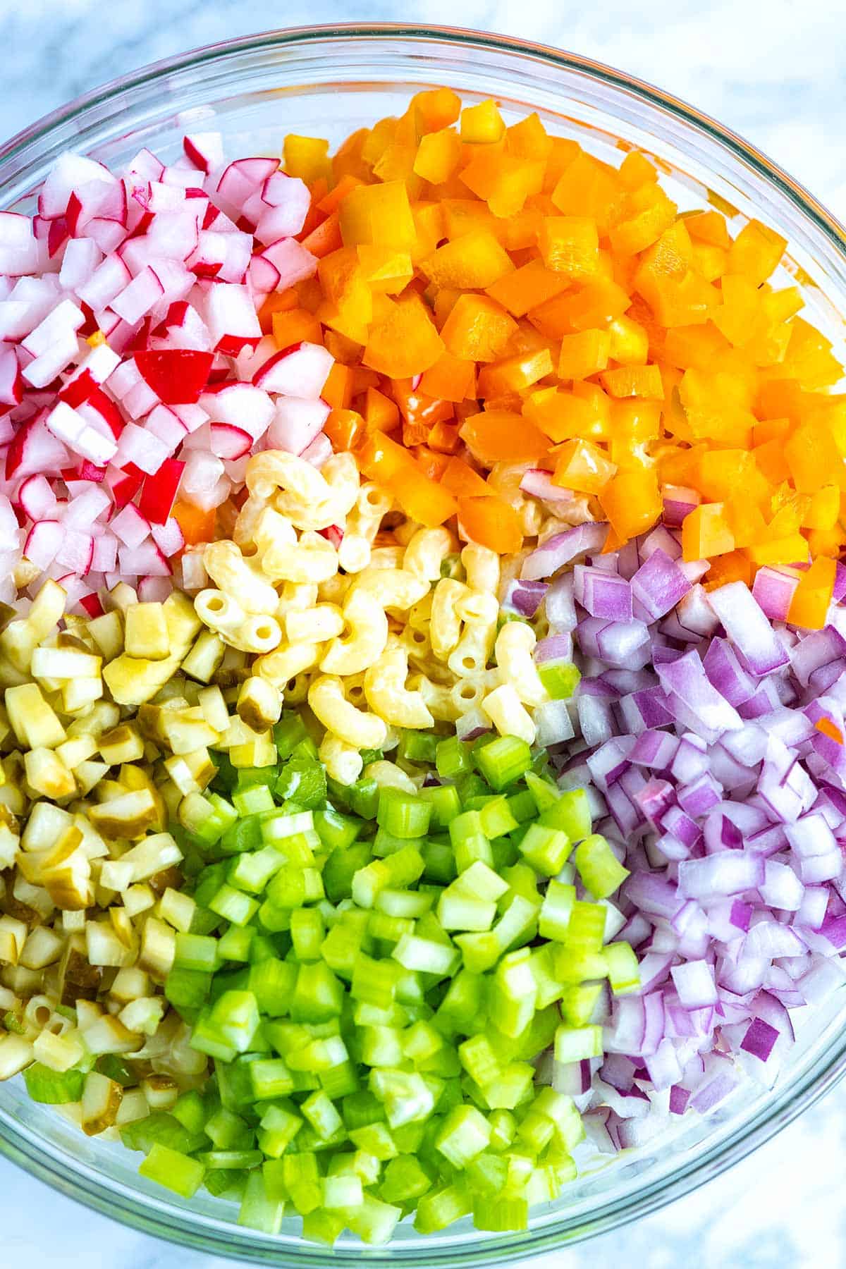 Ingredients for a macaroni salad.
