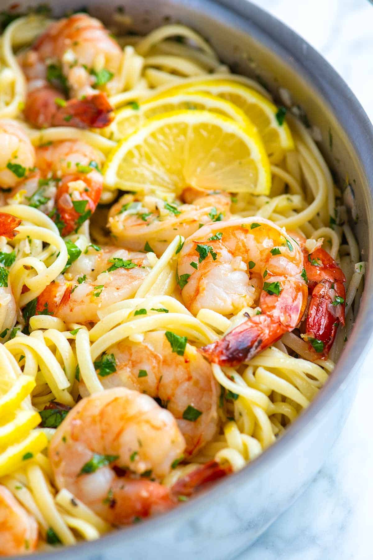Shrimp Scampi tossed with spaghetti