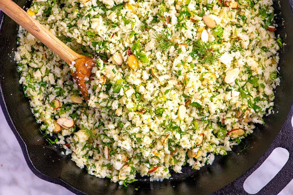 Cauliflower rice in a skillet