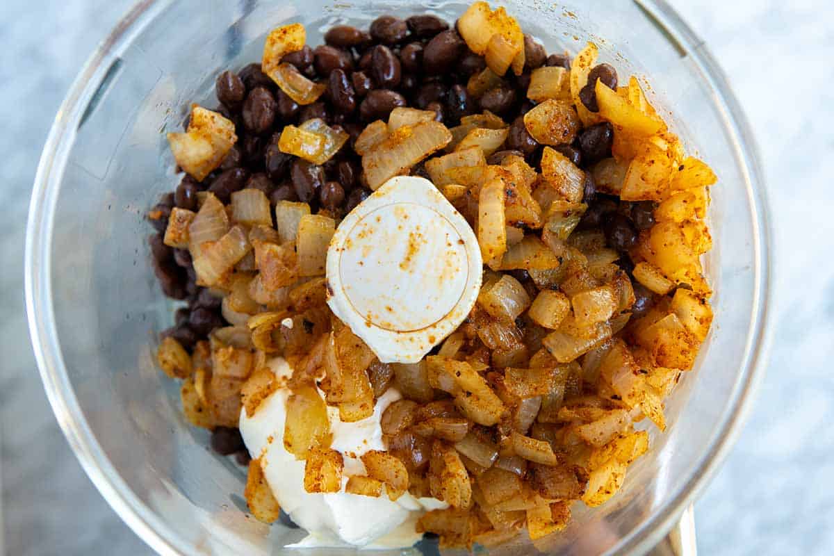 How to make black bean dip: Ingredients in a food processor