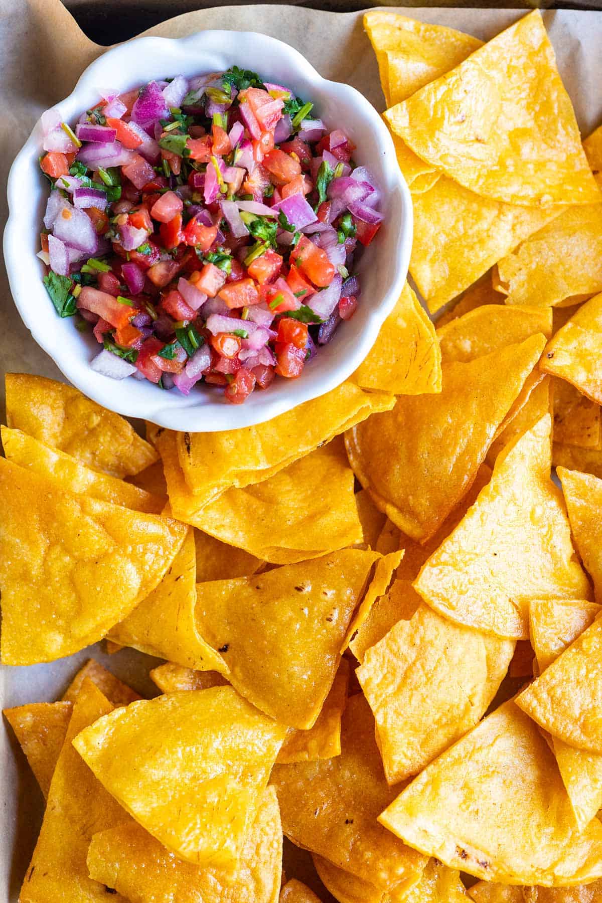 Homemade Tortilla chips with pico de gallo