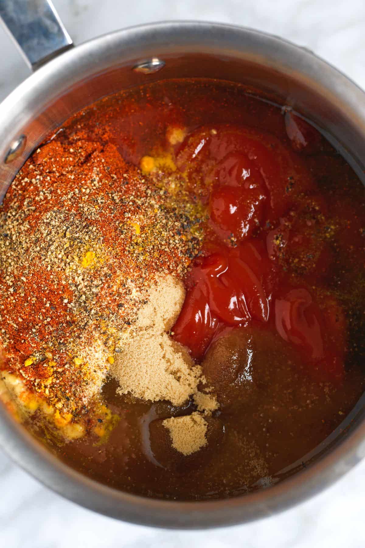 Ingredients for bbq sauce in a pan