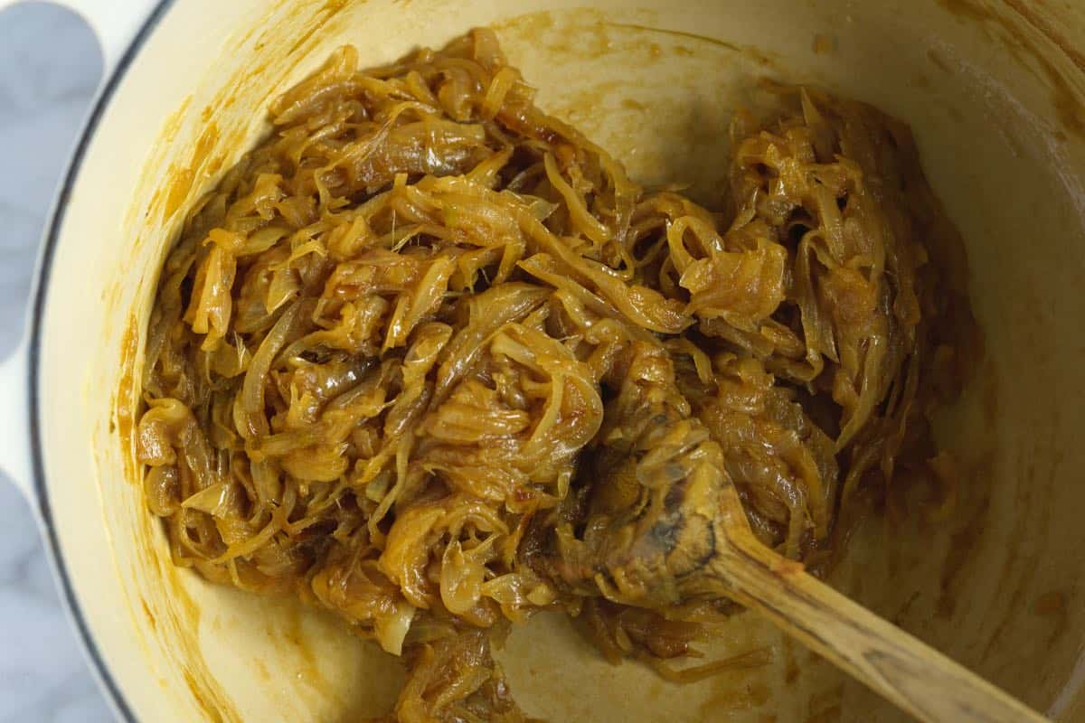 Caramelizing onions to make French onion soup.