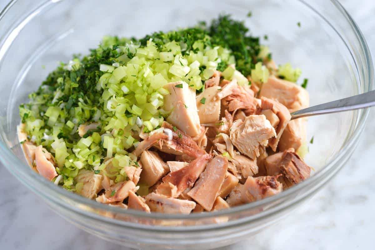 Chicken salad ingredients in a bowl