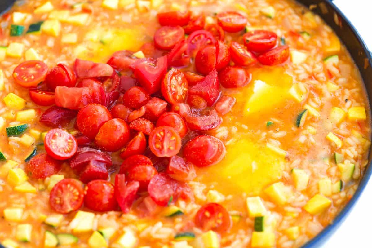 How to Make Vegetable Risotto: Adding tomatoes to risotto