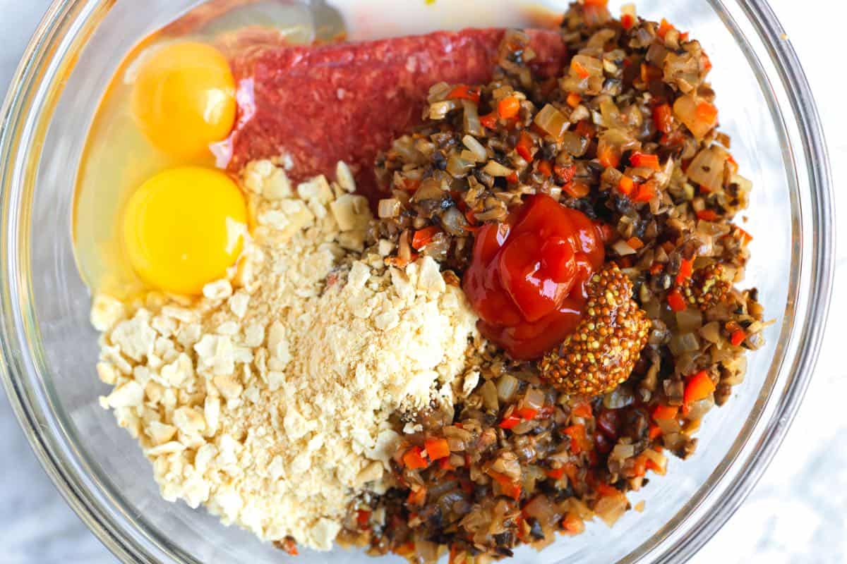 Meatloaf ingredients in a mixing bowl