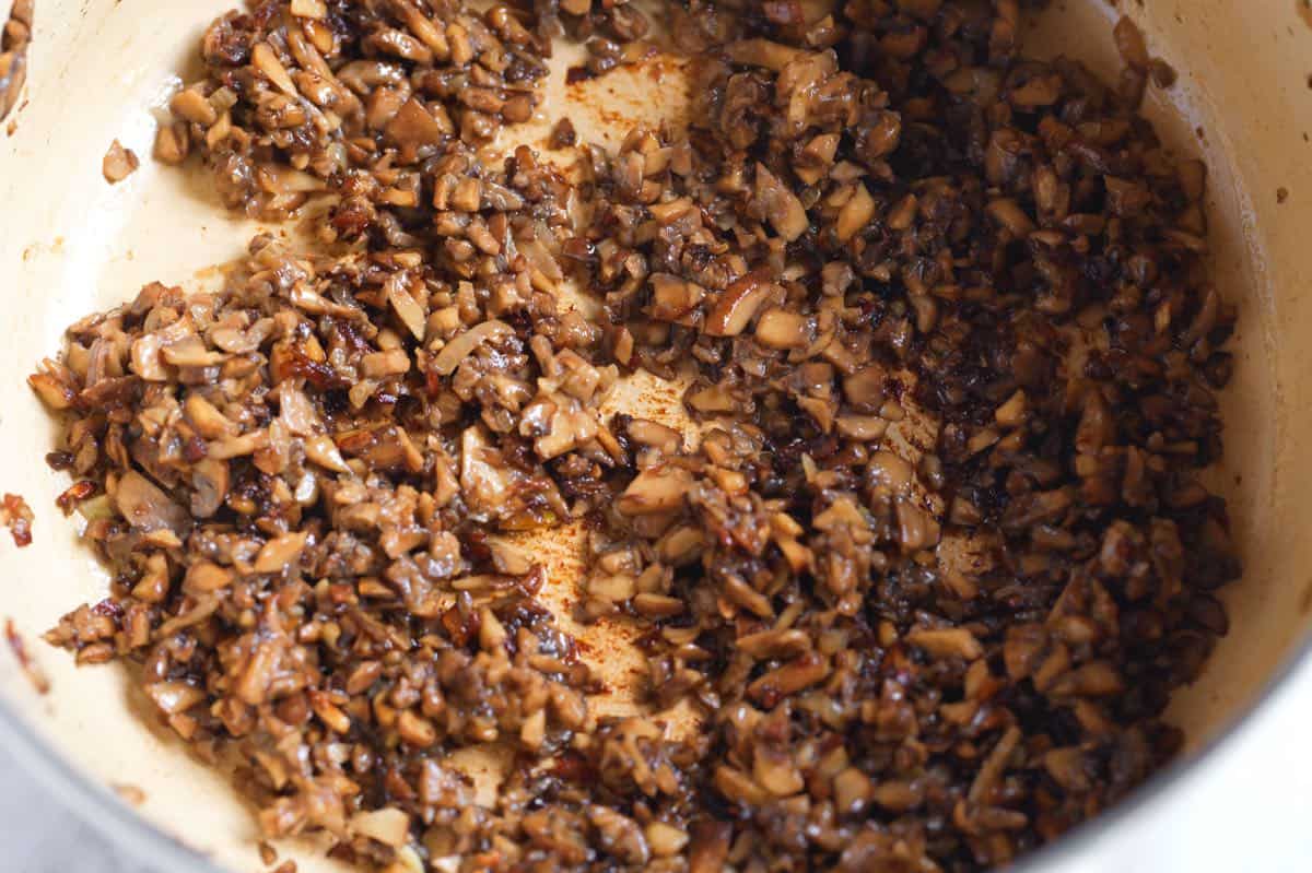Cooking mushrooms with shallots for the base of the green bean casserole sauce