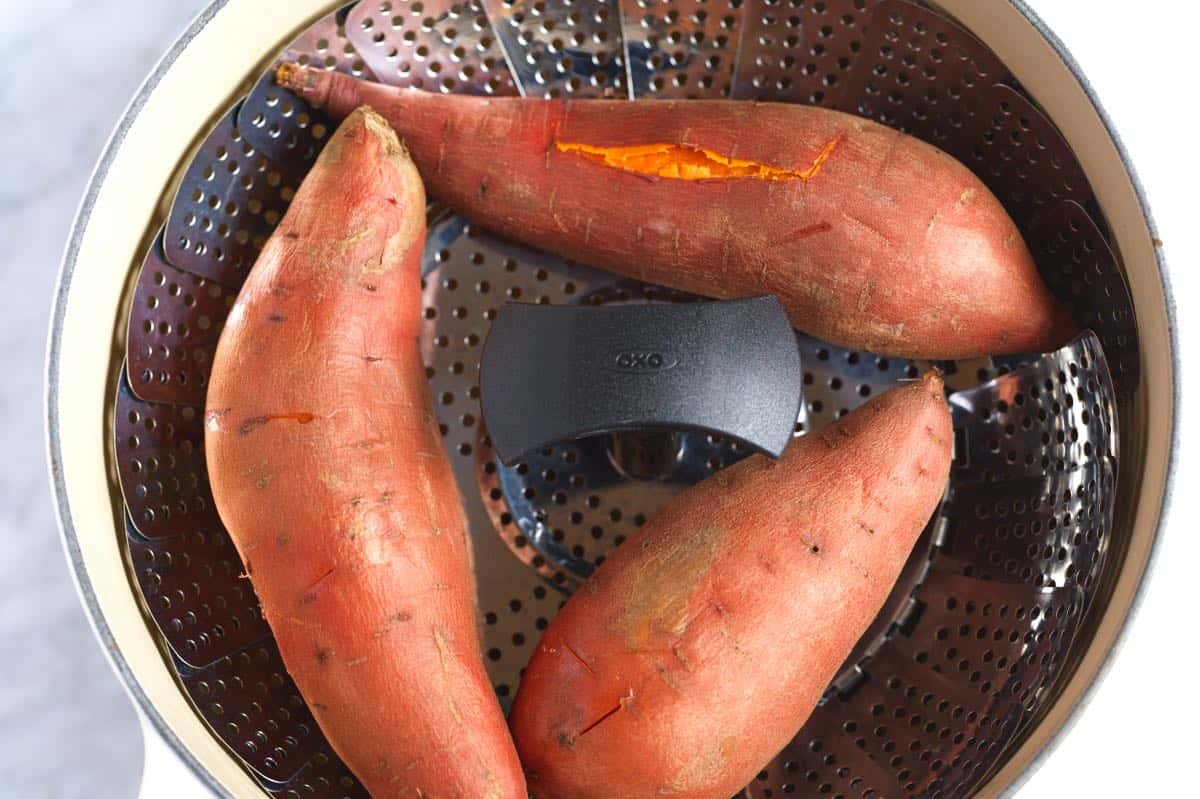 Steaming sweet potatoes for sweet potato pie