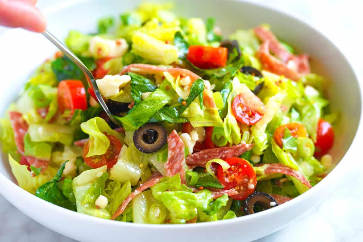 Chopped Salad with salami, olives, and tomatoes.