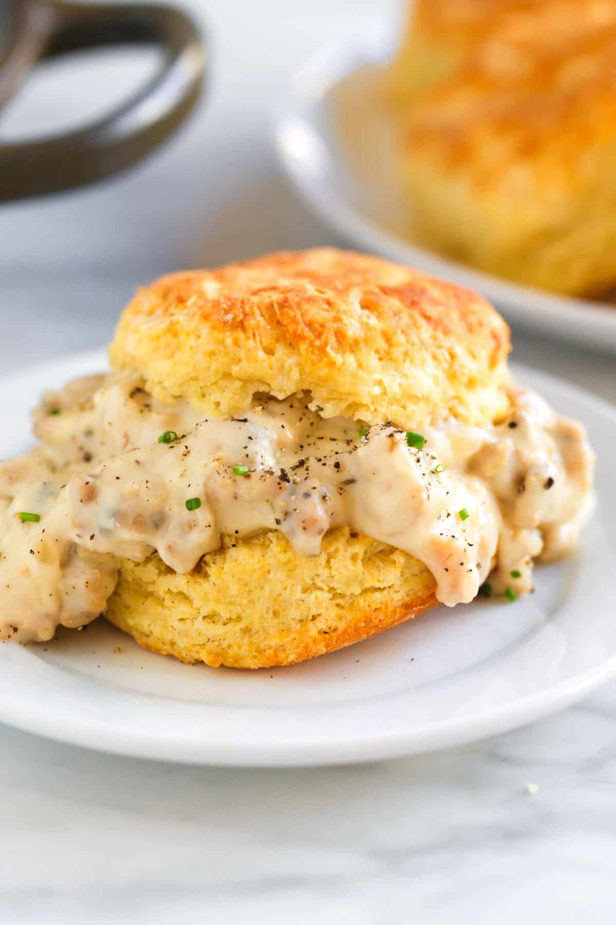 Sausage gravy on biscuit