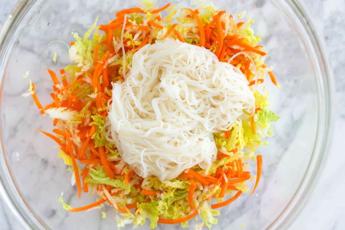 Rice noodles and vegetables in a bowl