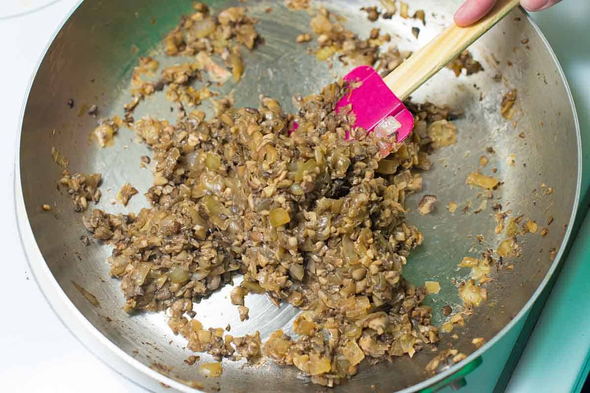 Cooking the onions, mushrooms and garlic to add to turkey meatloaf mixture