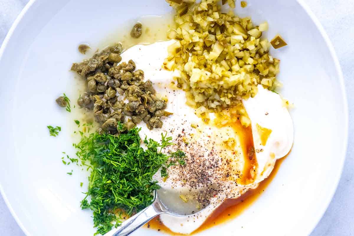 How to Make Tartar Sauce: Tartar sauce ingredients in a bowl