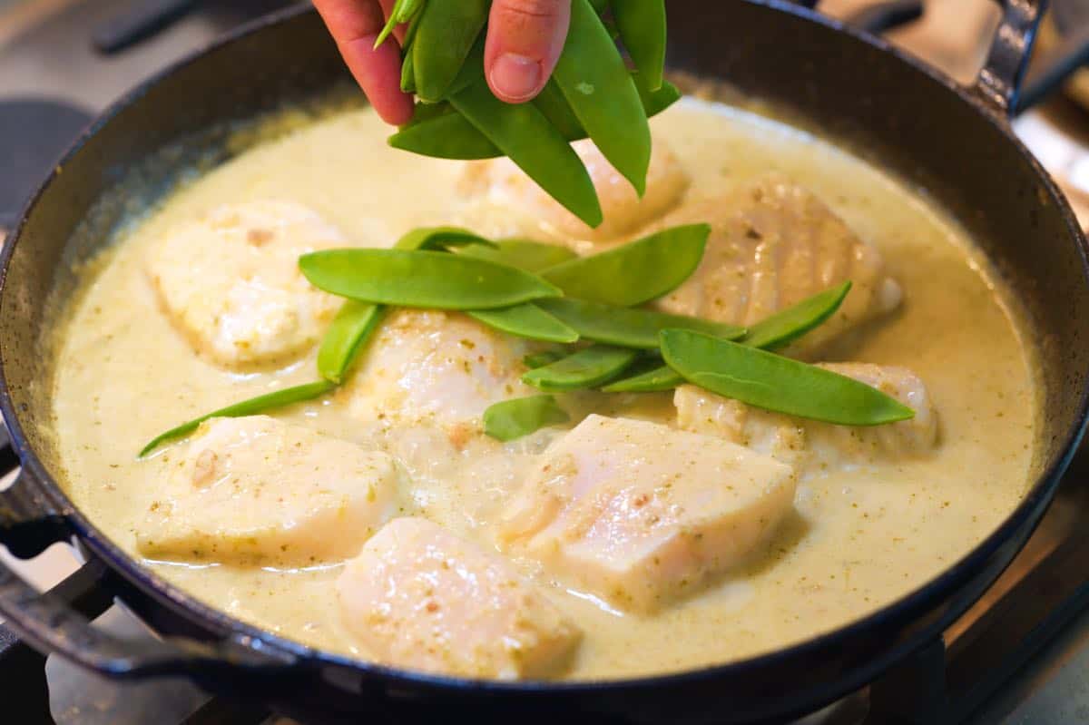 Making fish curry with coconut milk, Thai green curry paste, and vegetables