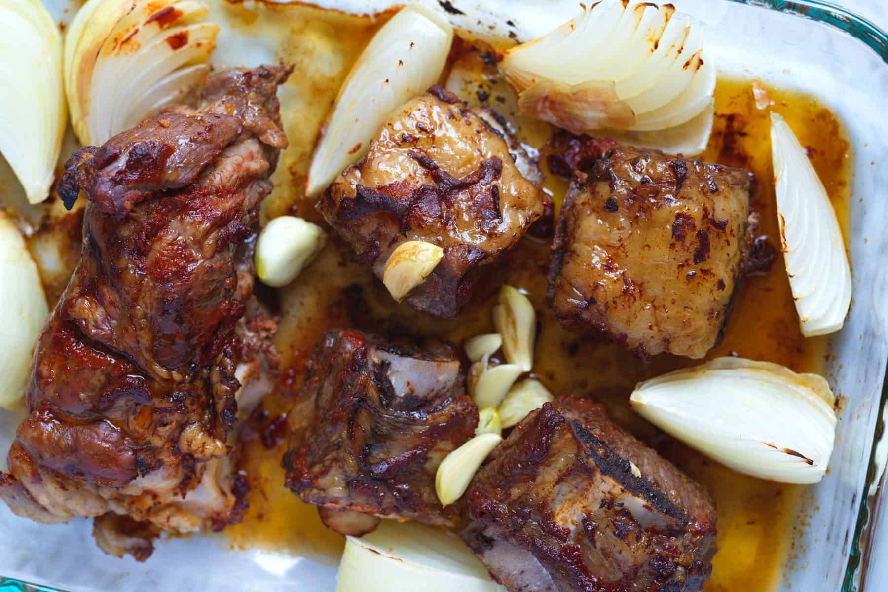Roasted beef bones for making stock.