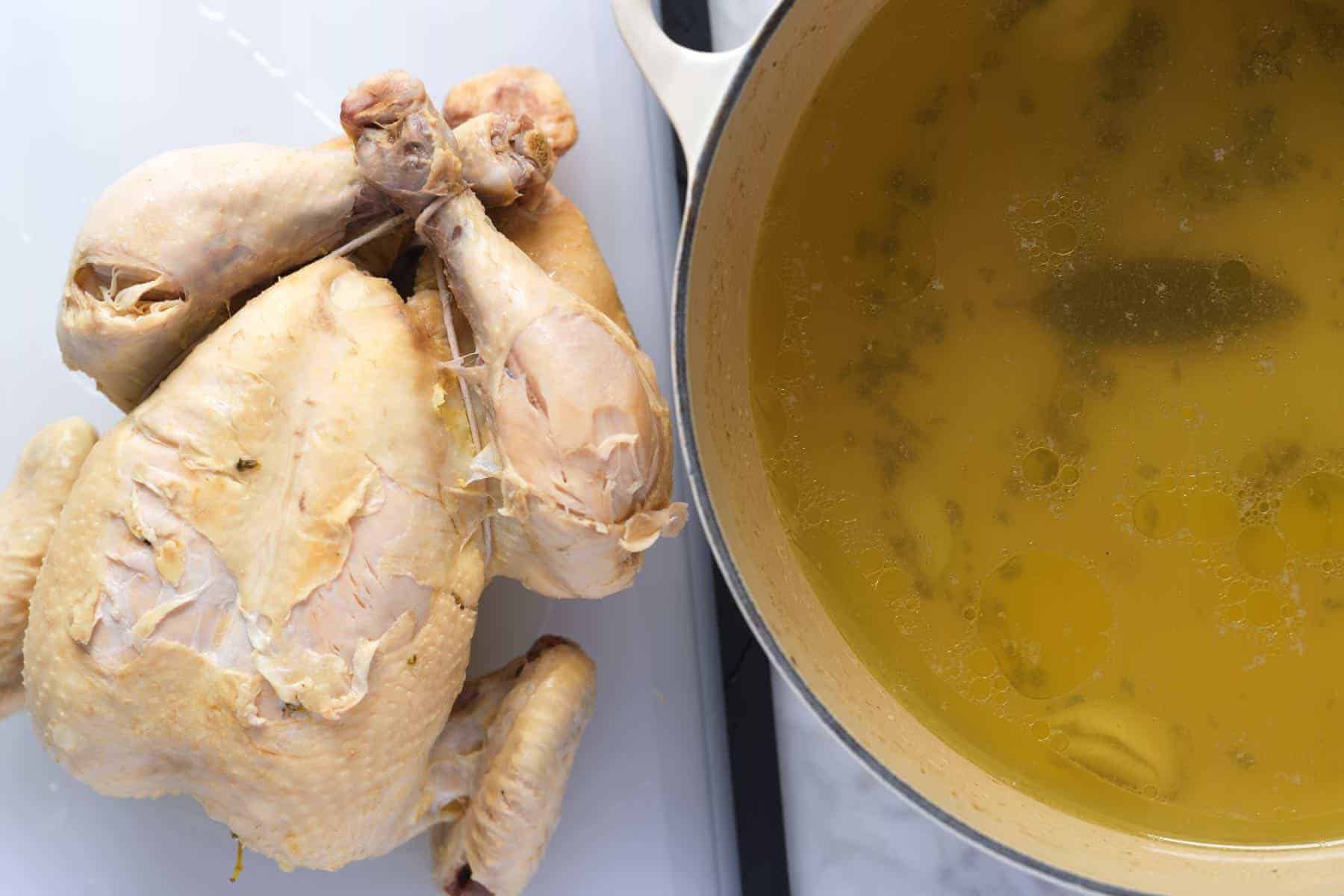 Leftover poached chicken and homemade chicken broth.