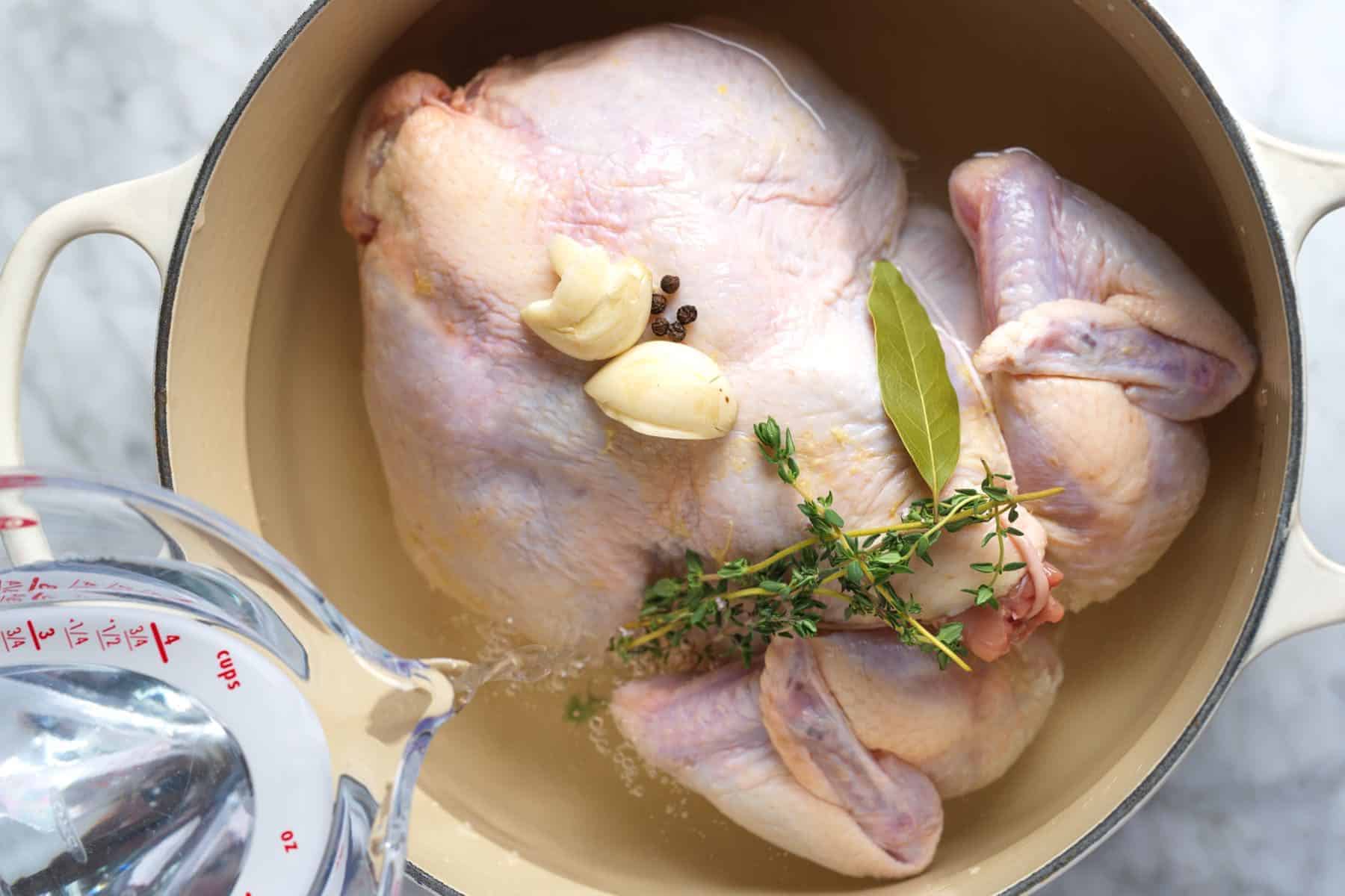 A whole chicken in a pot with garlic, herbs, and water.