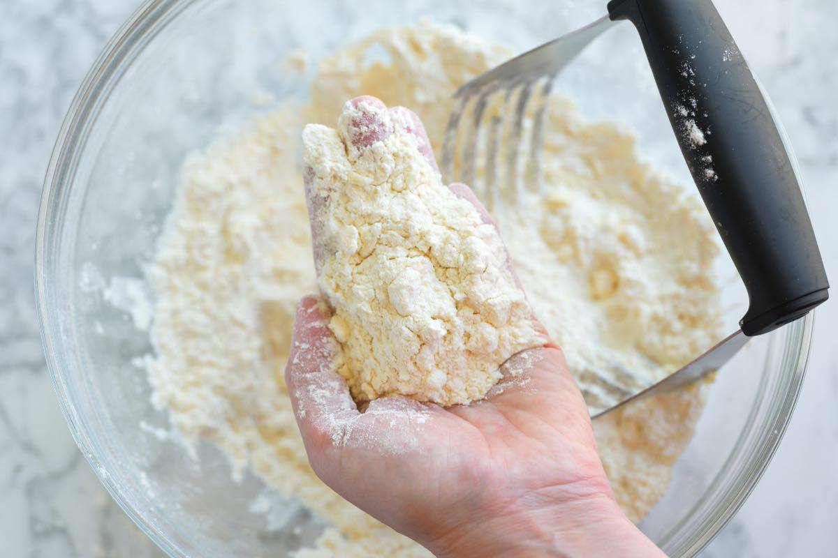 Little pieces of cold butter in flour for scones