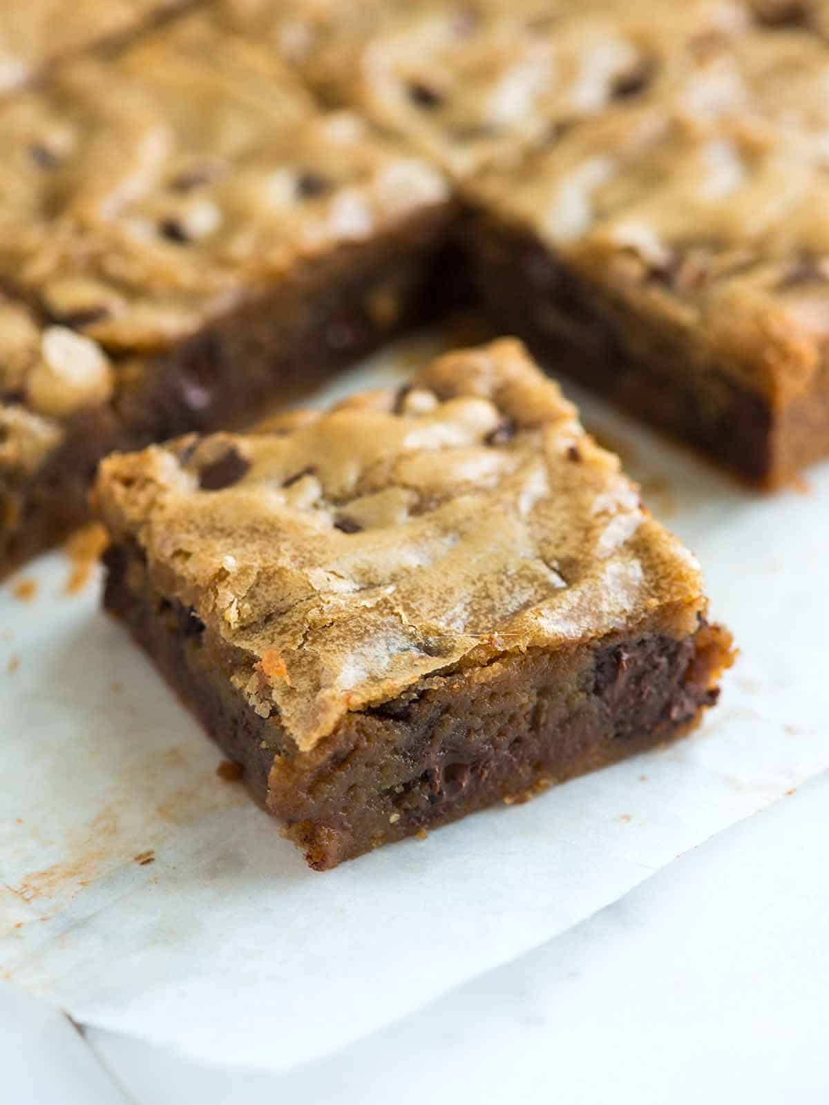 Freshly baked blondies with chocolate chips