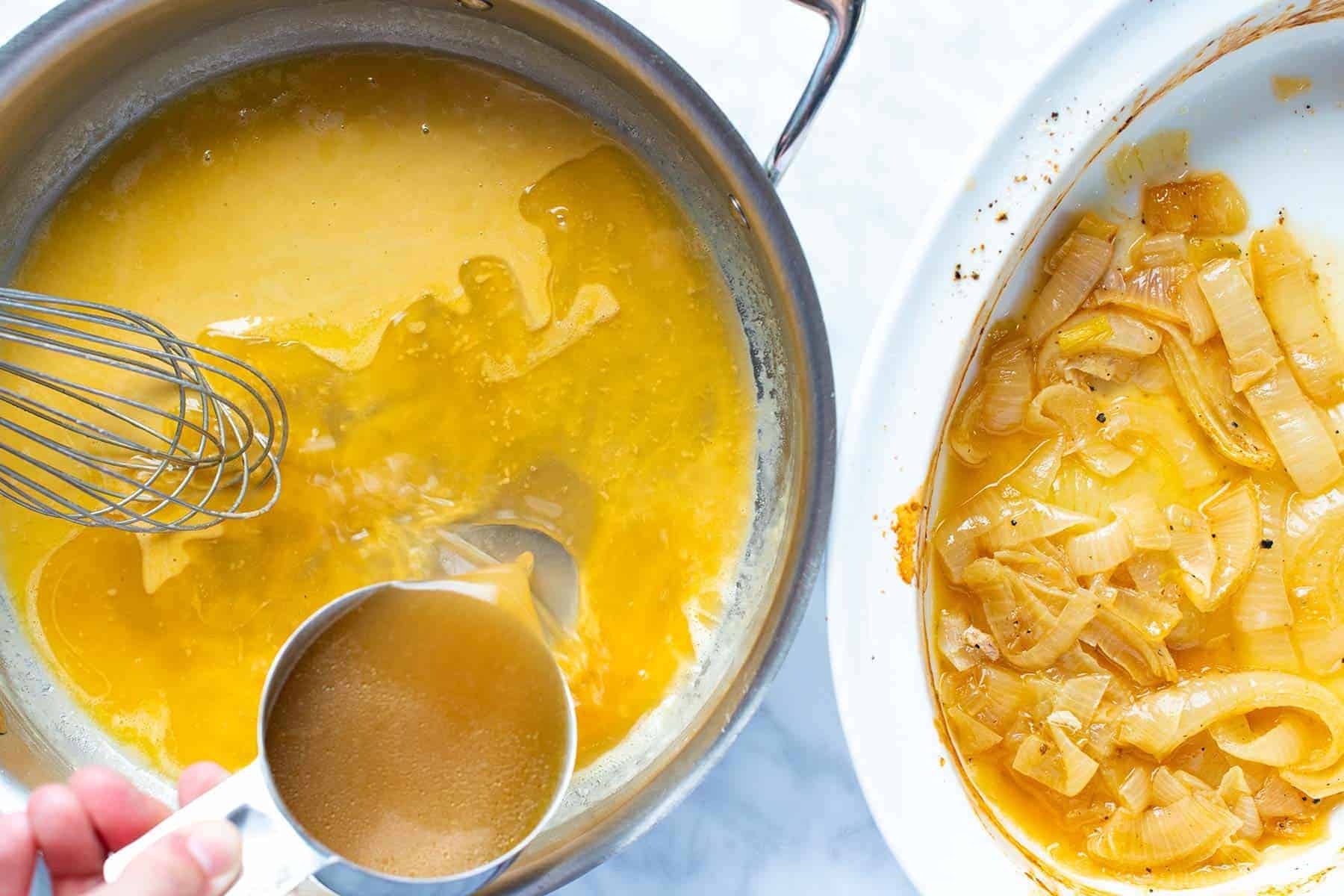 Making gravy with pan drippings.
