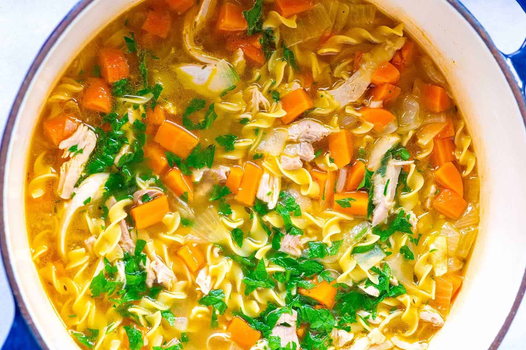 A pot of homemade chicken noodle soup