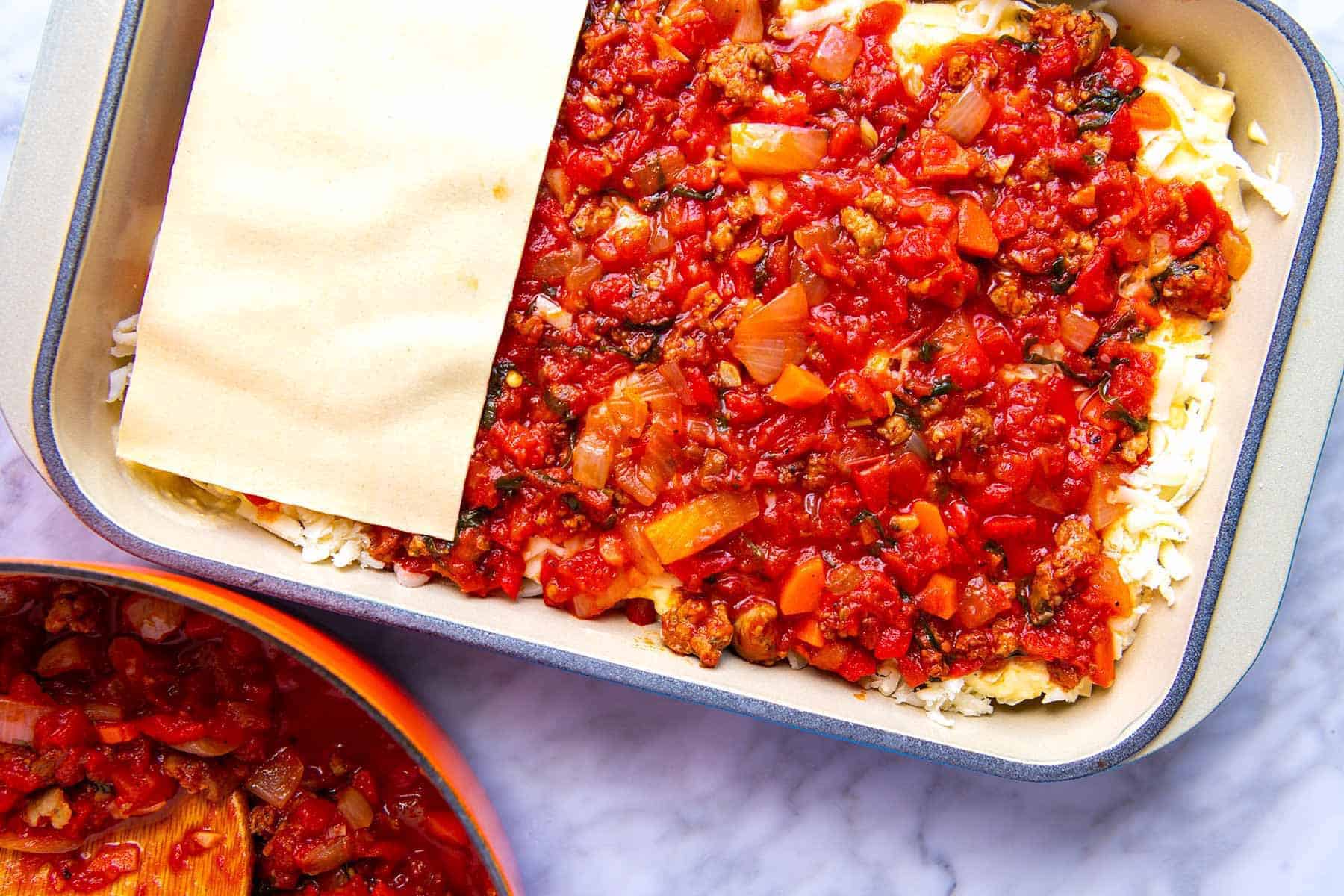 Assembling homemade lasagna