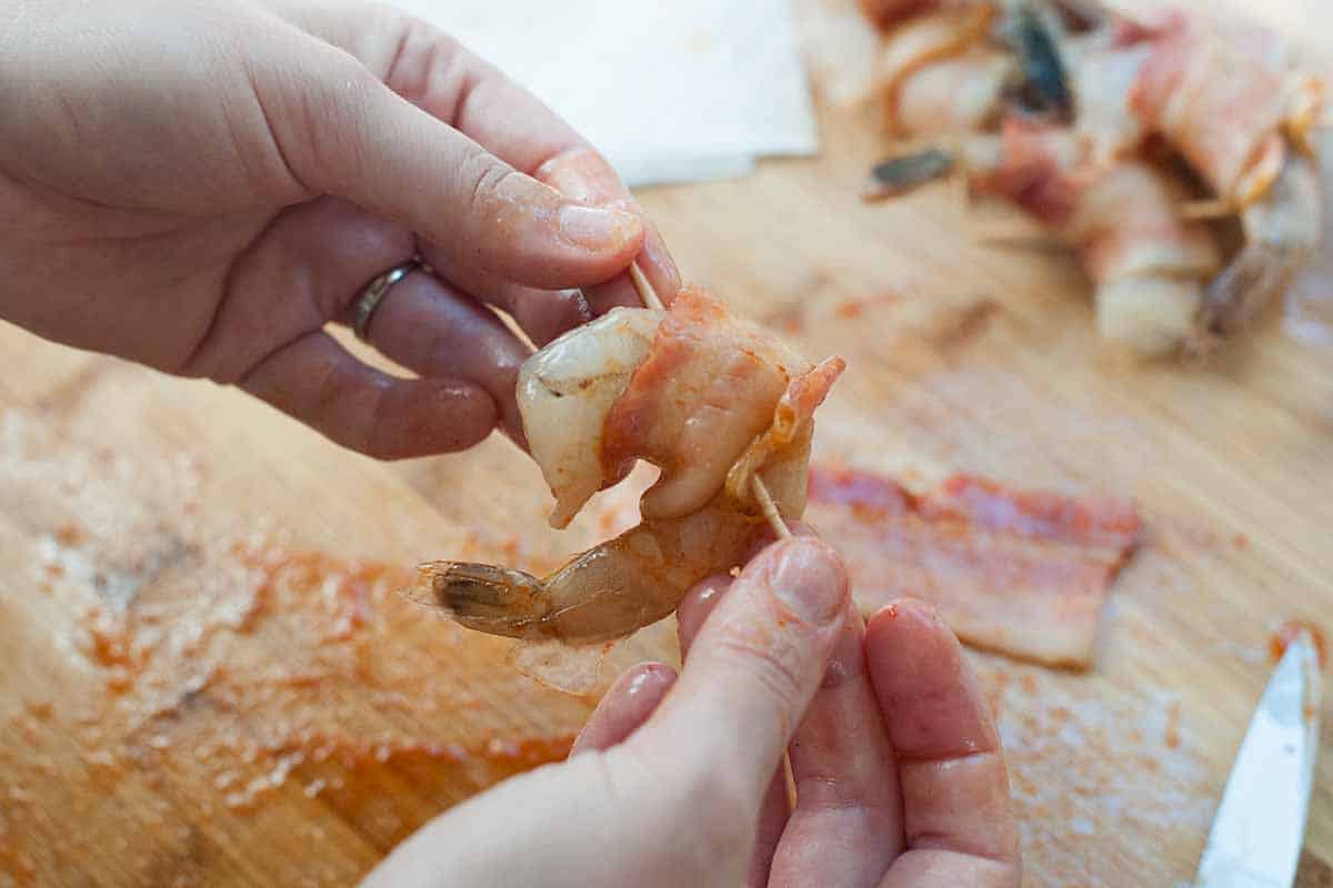 Shrimp wrapped in bacon ready for the oven
