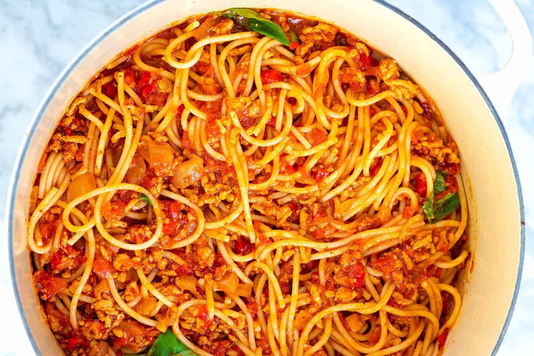 A pot filled with the Spaghetti