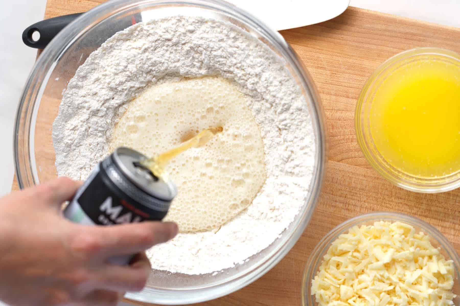 Pouring beer to make beer bread batter