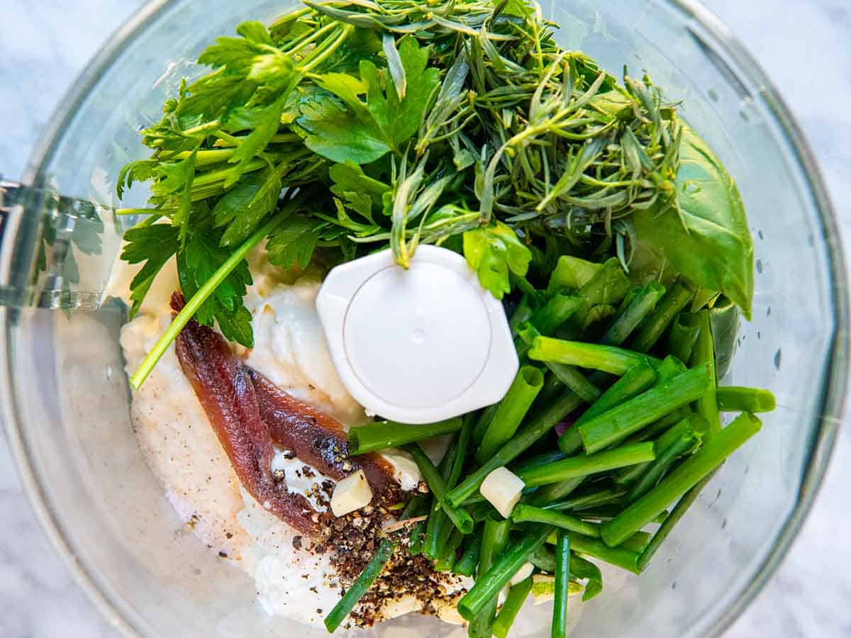Green Goddess Ingredients in a food processor